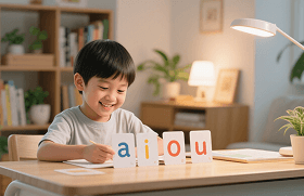 第一阶段:字母音素启蒙 (L1-L2),从认识字母到拼读单词，建立核心音感,在这个阶段，孩子将全面掌握 26个字母的字形、字音，并深入学习 5个核心短元音（a, e, i, o,
          u）。更重要的是，他们将学会最关键的 CVC单词拼读法（辅音-元音-辅音），能够独立拼读出如cat, pen, pig 等 70+ 个基础核心词，并自信地用 “I can see a...” 等句型进行表达。